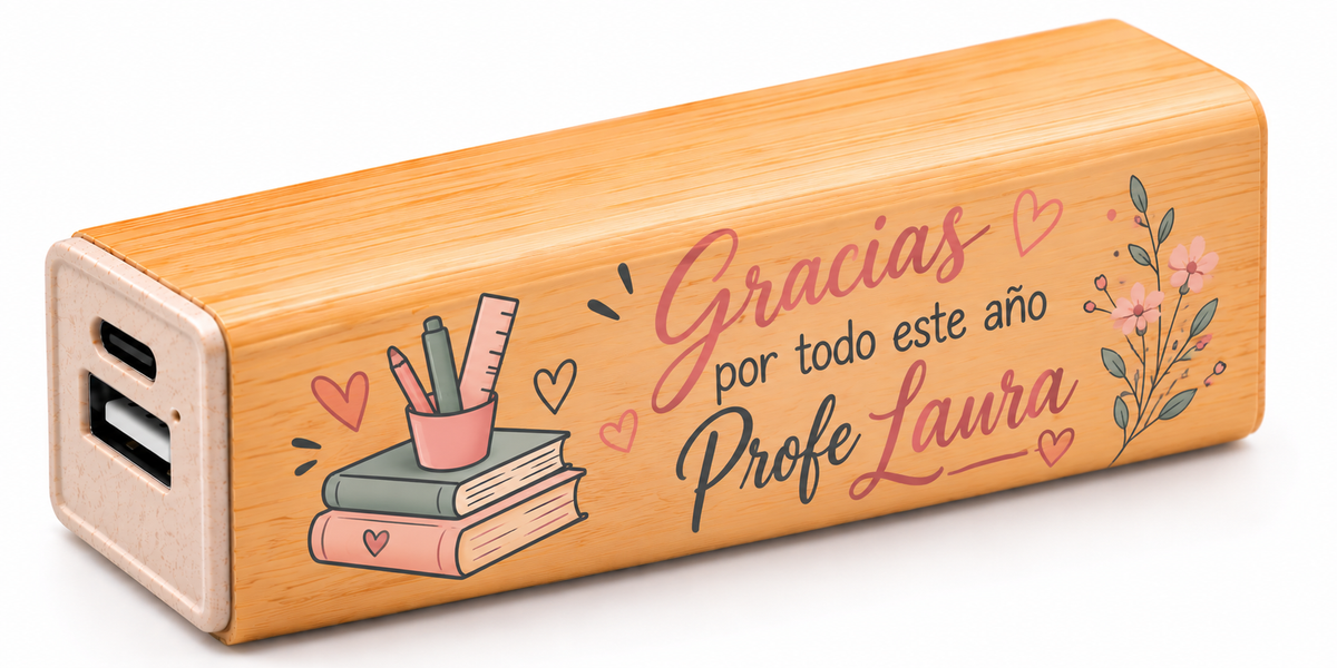 Batería Externa Power Bank de Bambú Personalizada 2600 mAh – Regalo para Profesores