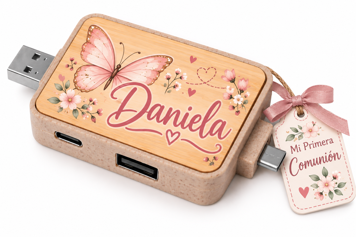 Hub USB de Bambú Personalizado con 4 Conexiones – Recuerdo de Primera Comunión