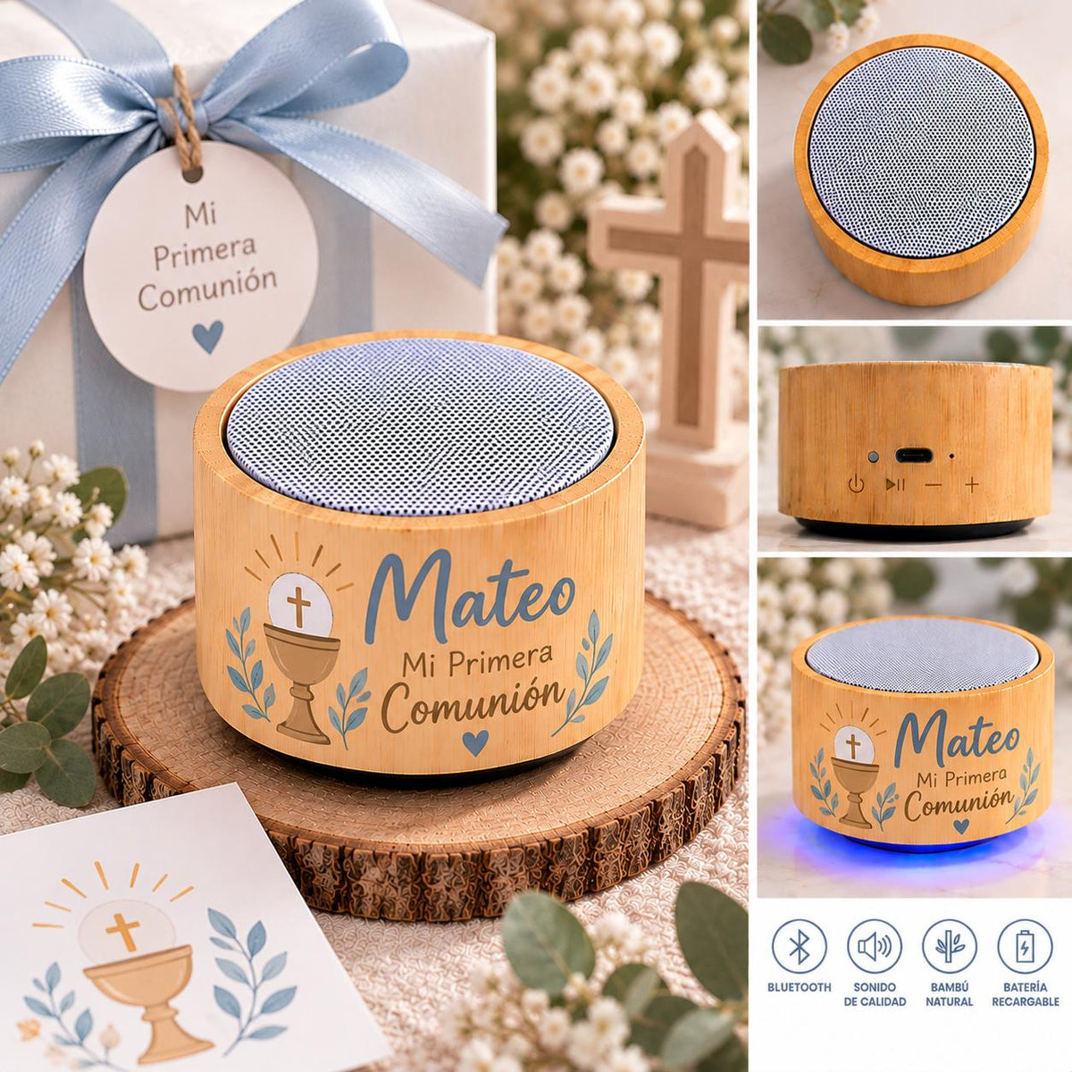 Altavoz Bluetooth de Bambú Personalizado con Nombre – Regalo para Eventos