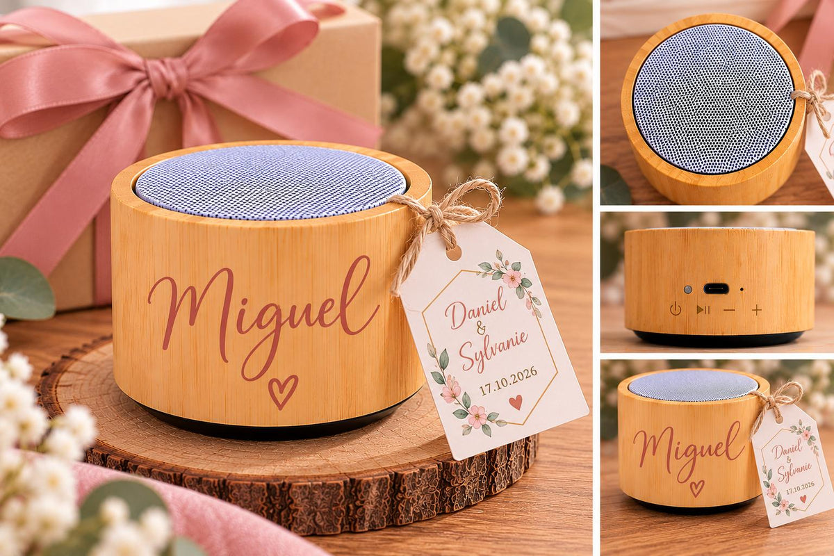 Altavoz Bluetooth de Bambú Personalizado con Nombre – Regalo para Boda