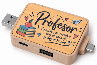 Hub USB de Bambú Personalizado con 4 Conexiones – Regalo para Profesores