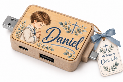 Hub USB de Bambú Personalizado con 4 Conexiones – Recuerdo de Primera Comunión