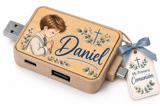 Hub USB de Bambú Personalizado con 4 Conexiones – Recuerdo de Primera Comunión