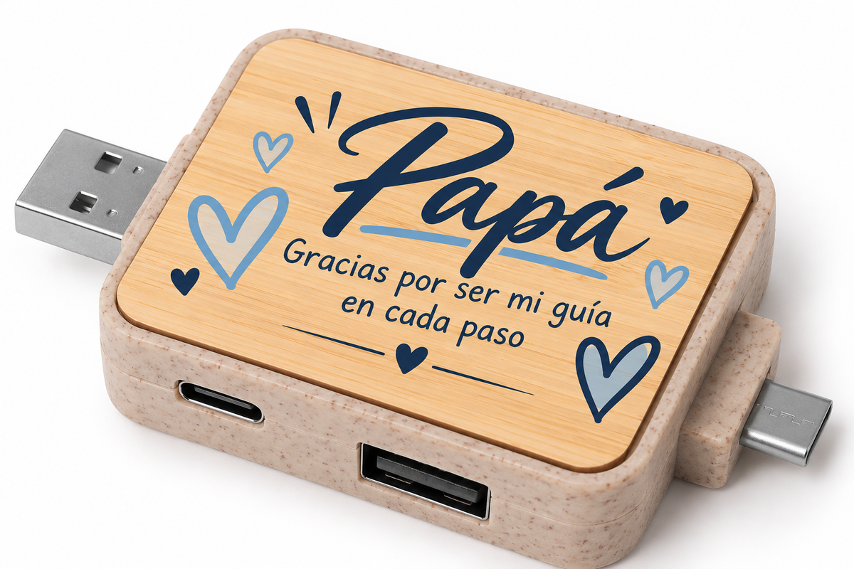 Hub USB de Bambú Personalizado con 4 Conexiones – Regalo Original para Papá