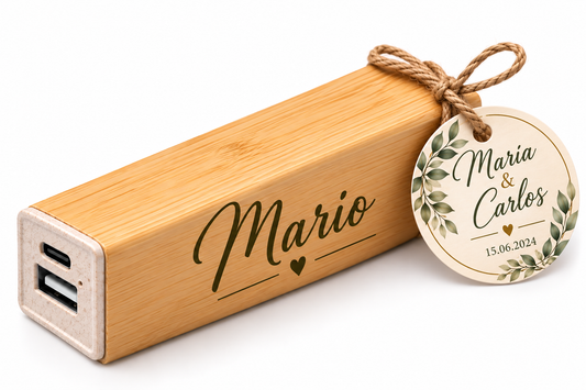 Batería Externa Power Bank de Bambú Personalizada 2600 mAh – Detalle de Boda para Invitados