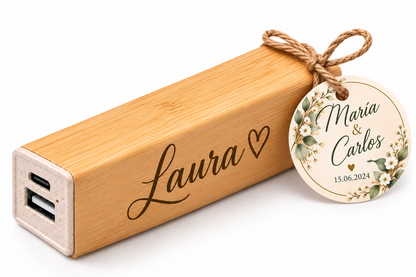 Batería Externa Power Bank de Bambú Personalizada 2600 mAh – Detalle de Boda para Invitados