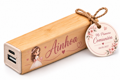 Batería Externa Power Bank de Bambú Personalizada 2600 mAh – Recuerdo de Primera Comunión