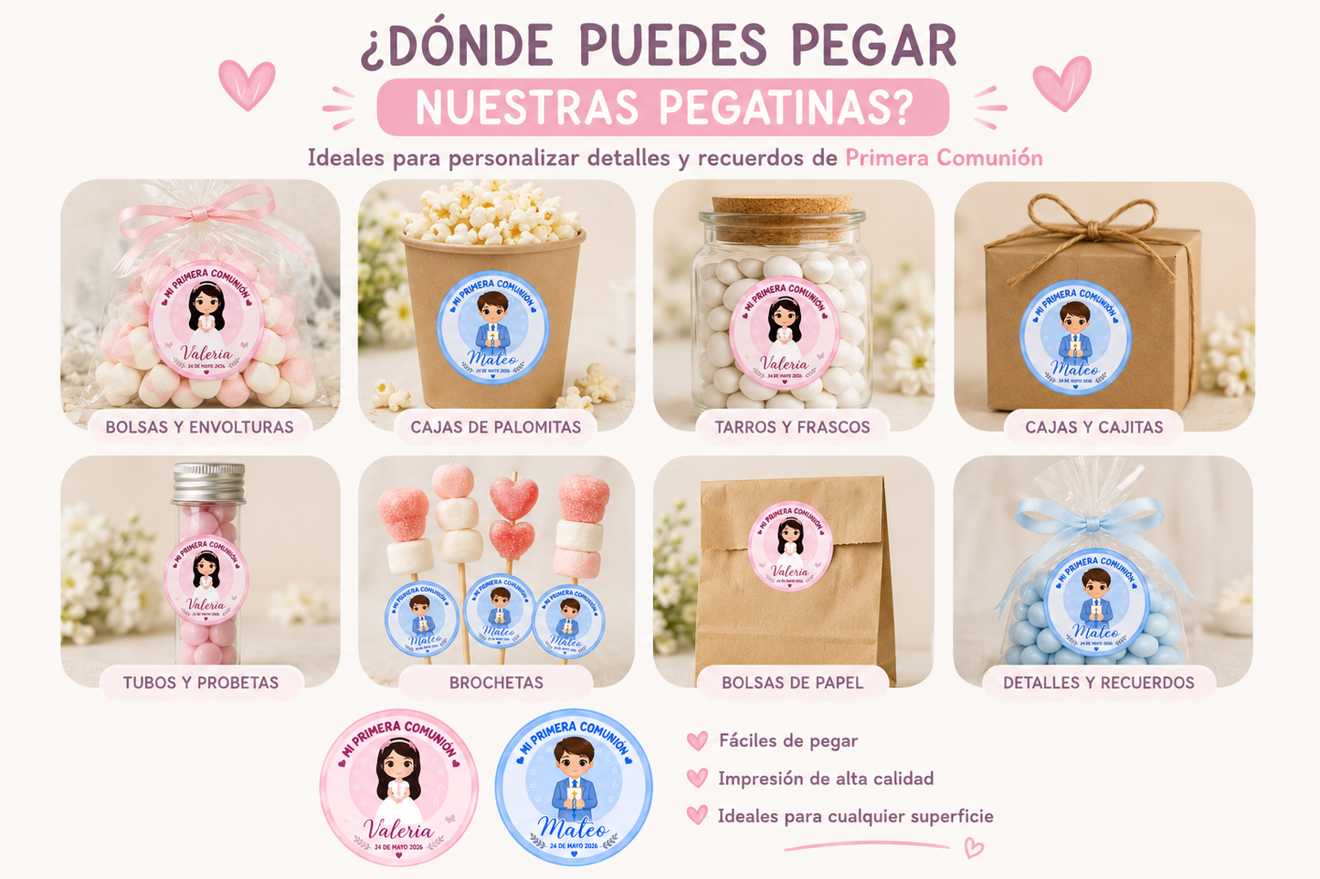 Pegatinas Redondas Personalizadas para Comunión Niño y Niña