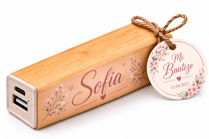 Batería Externa Power Bank de Bambú Personalizada 2600 mAh – Recuerdo de Bautizo