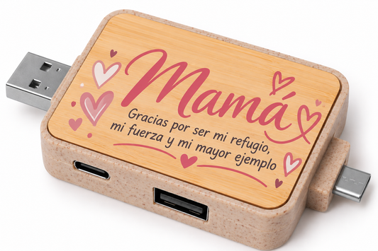 Hub USB de Bambú Personalizado con 4 Conexiones – Regalo Día de la Madre