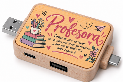 Hub USB de Bambú Personalizado con 4 Conexiones – Regalo para Profesores
