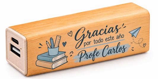 Batería Externa Power Bank de Bambú Personalizada 2600 mAh – Regalo para Profesores