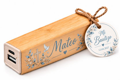 Batería Externa Power Bank de Bambú Personalizada 2600 mAh – Recuerdo de Bautizo