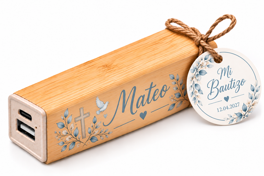 Batería Externa Power Bank de Bambú Personalizada 2600 mAh – Recuerdo de Bautizo