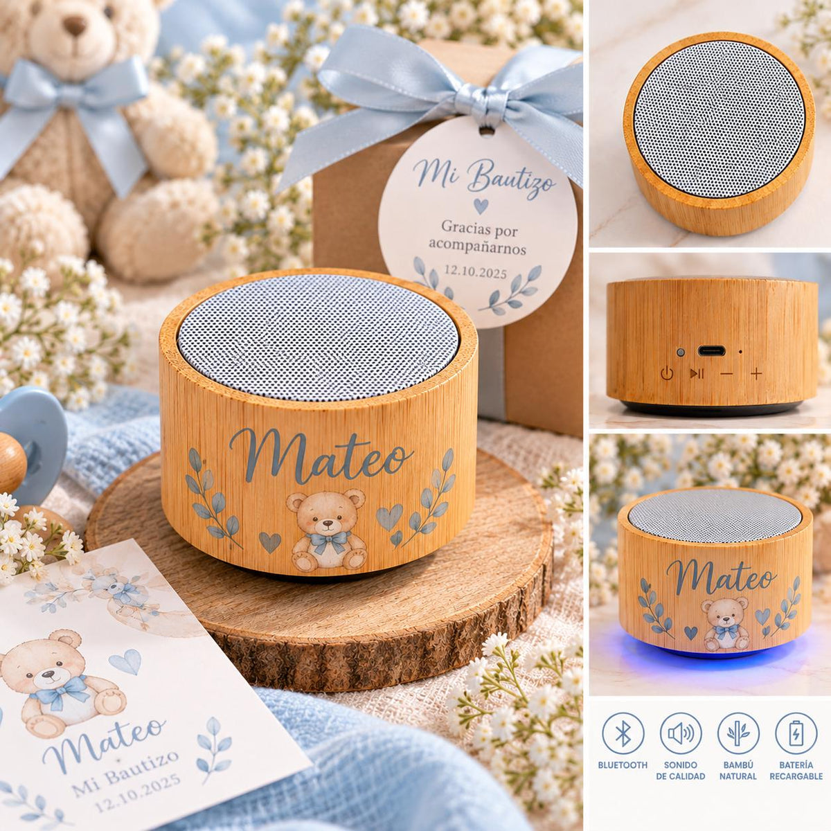 Altavoz Bluetooth de Bambú Personalizado con Nombre – Regalo para Eventos