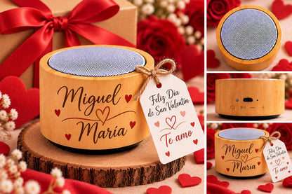 Altavoz Bluetooth de Bambú Personalizado con Nombre y Corazón – Regalo San Valentín