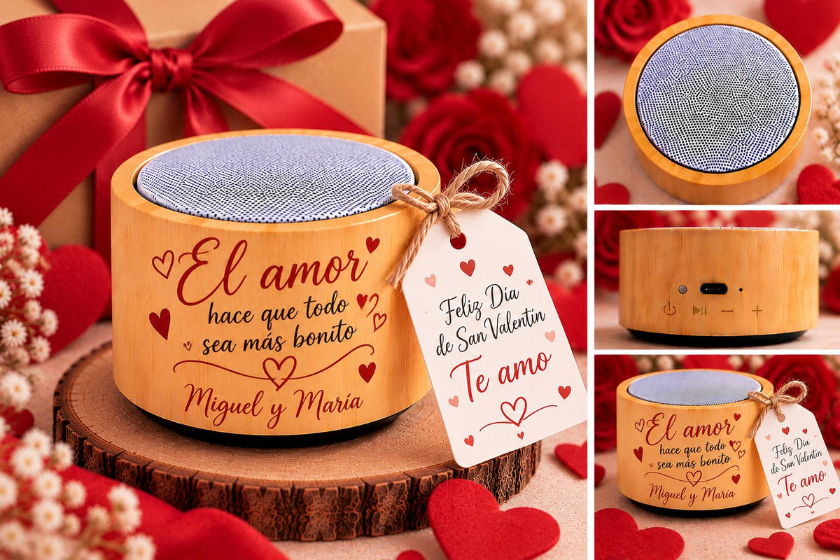 Altavoz Bluetooth de Bambú Personalizado con Nombre y Corazón – Regalo San Valentín